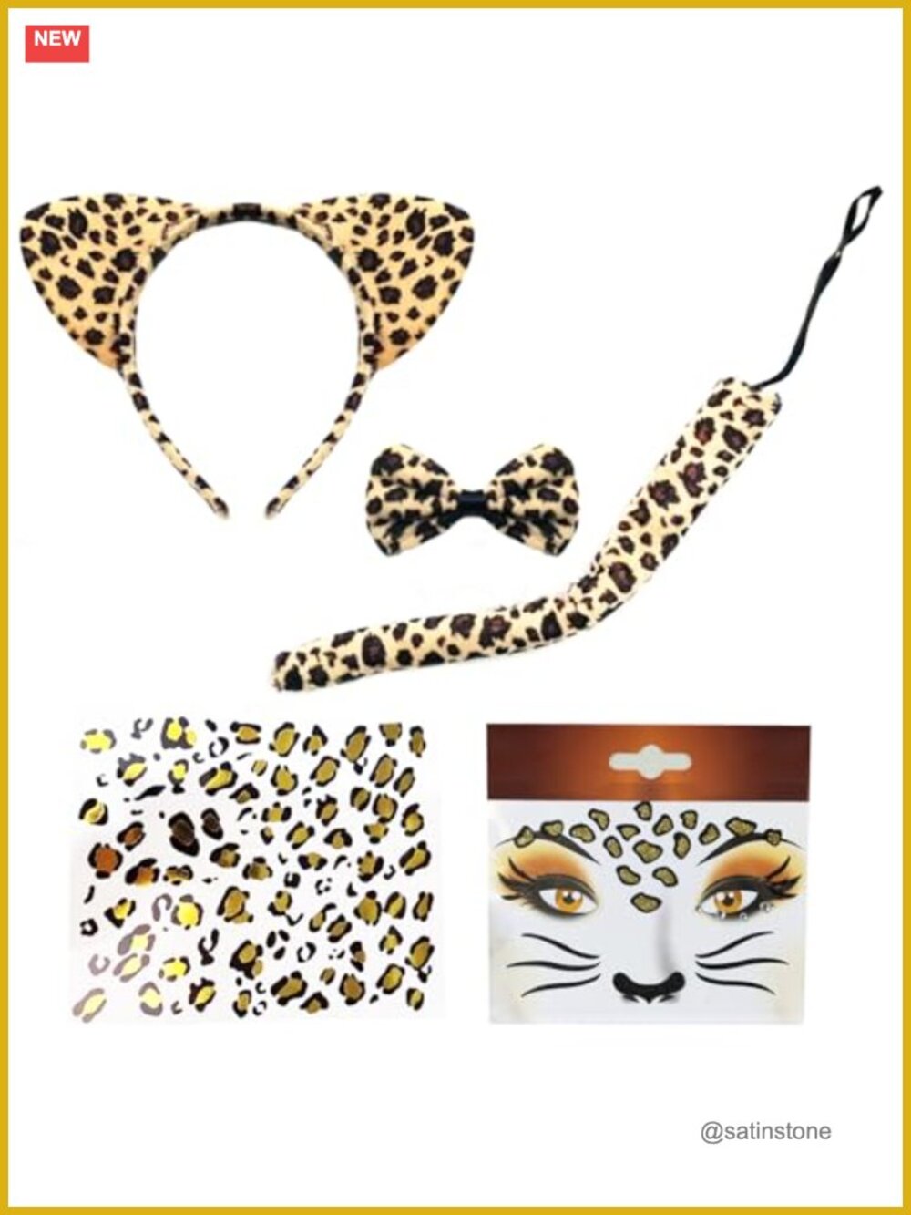 Leopard Cat Ears Headband Bow Tie Tail Temporary Tattoos 5 Pc Costume Set